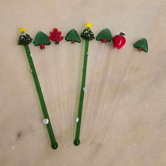 Vintage Stirrers Christmas Hand Made Glass Cocktail Drink Swizzle Set of 8 - Picture 8 of 8